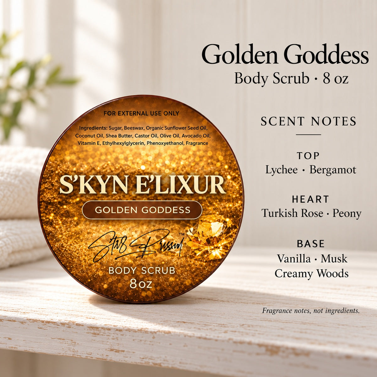 Golden Goddess Body Scrub promotional photo with scent notes