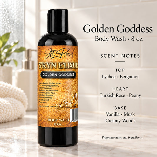 Golden Goddess Body Wash promotional photo with scent notes
