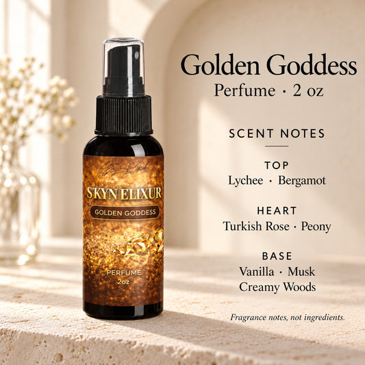 Golden Goddess Perfume for Women promotional photo with scent notes