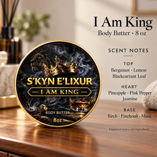 I Am King Body Butter promotional photo with scent notes