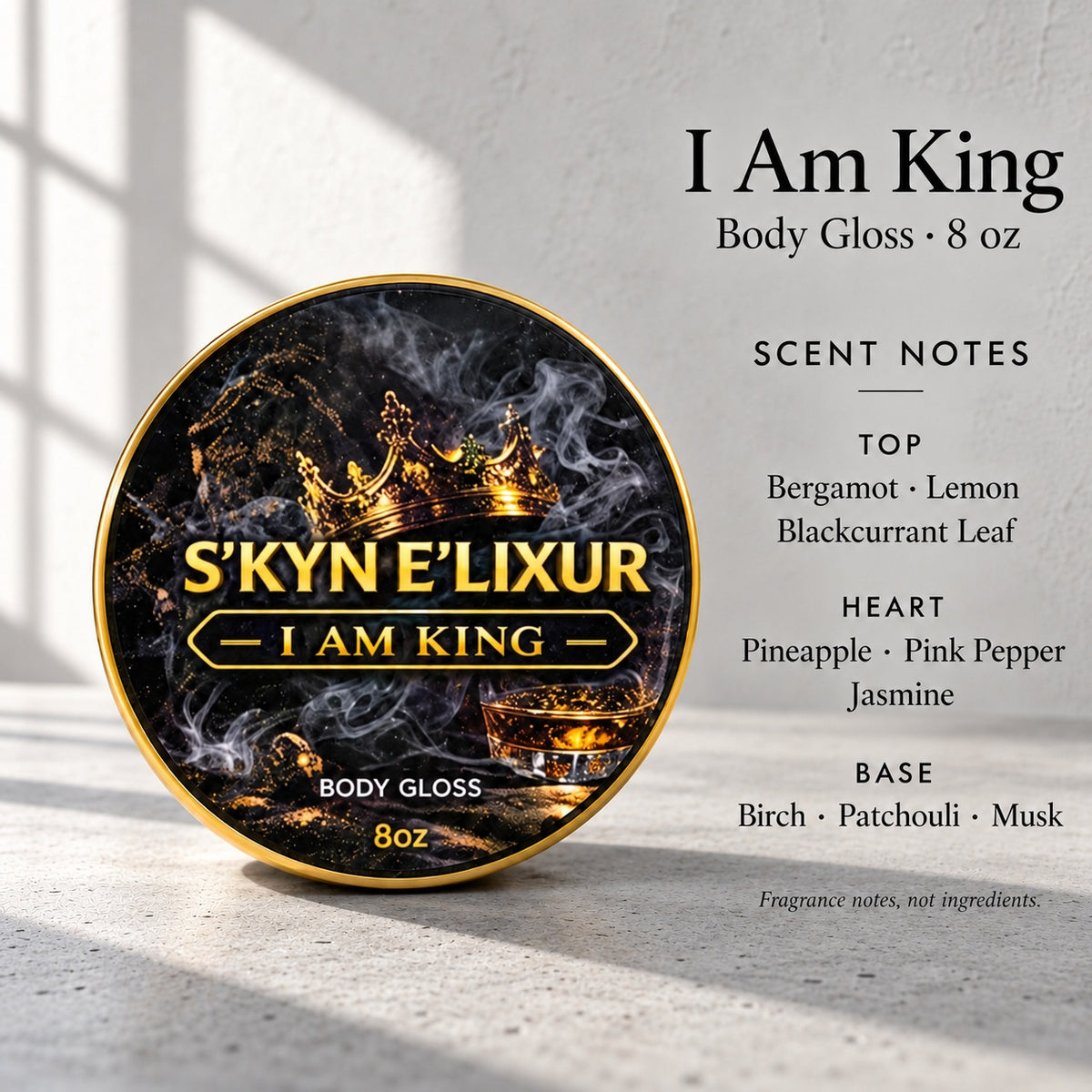 I Am King Body Gloss promotional photo with scent notes