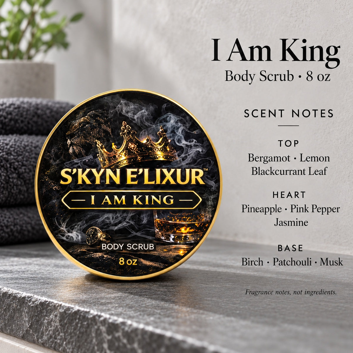 I Am King Body Scrub promotional photo with scent notes
