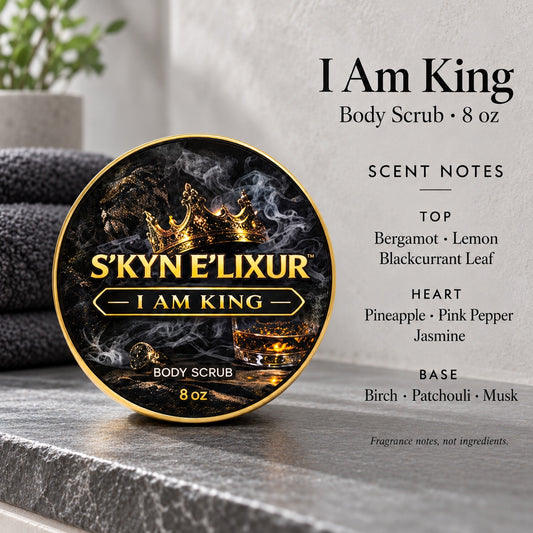 I Am King Body Scrub promotional photo with scent notes