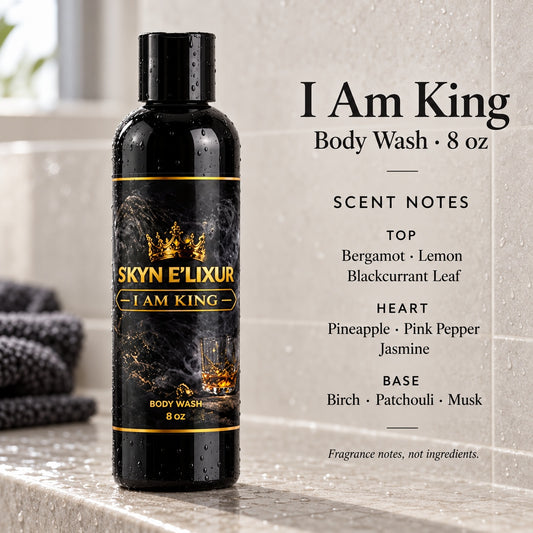 I Am King Body Wash promotional photo with scent notes