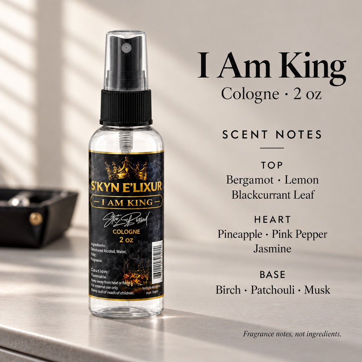 I Am King Cologne for Men promotional photo with scent notes