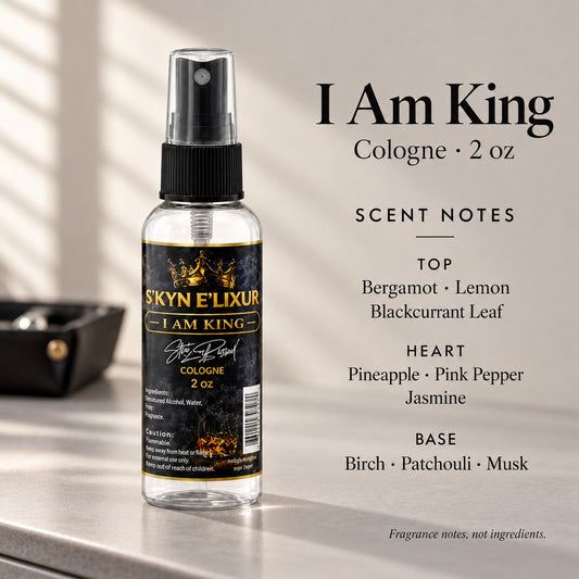 I Am King Cologne for Men promotional photo with scent notes