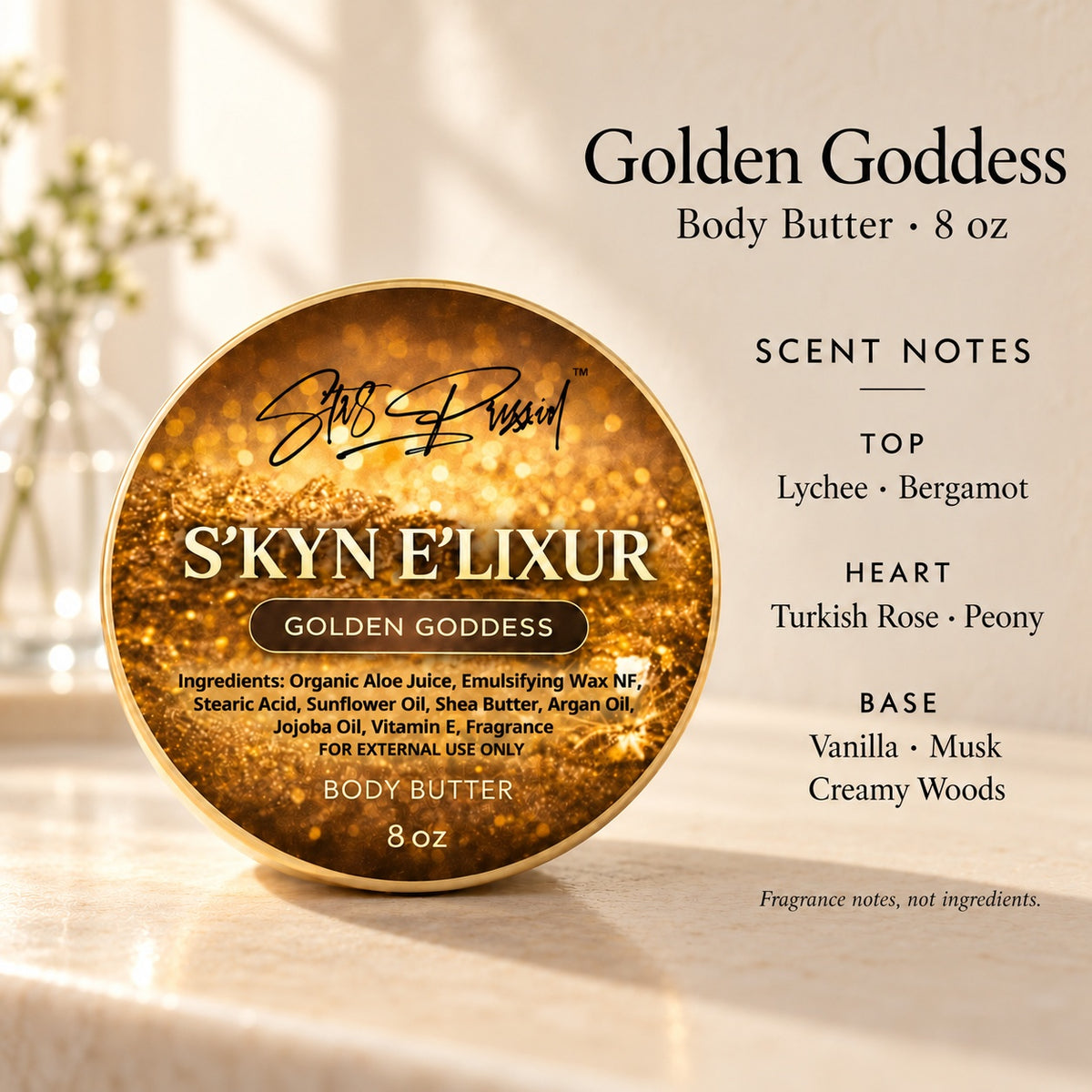 Golden Goddess Body Butter promotional photo with scent notes