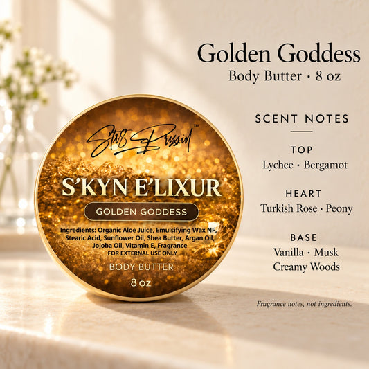 Golden Goddess Body Butter promotional photo with scent notes