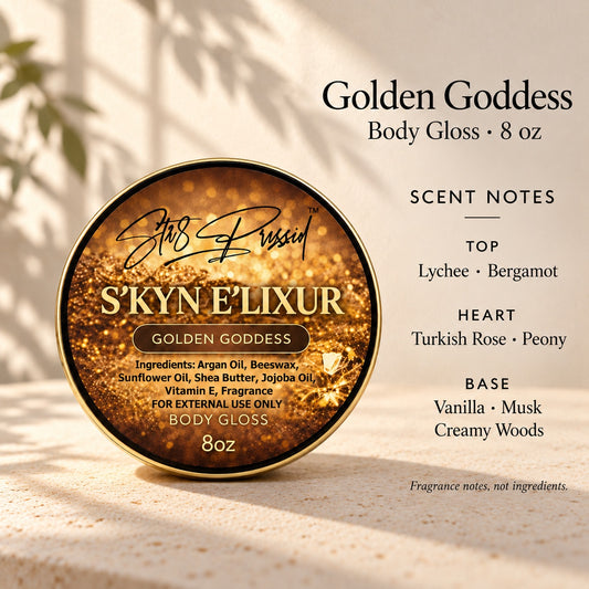Golden Goddess Body Gloss promotional photo with scent notes